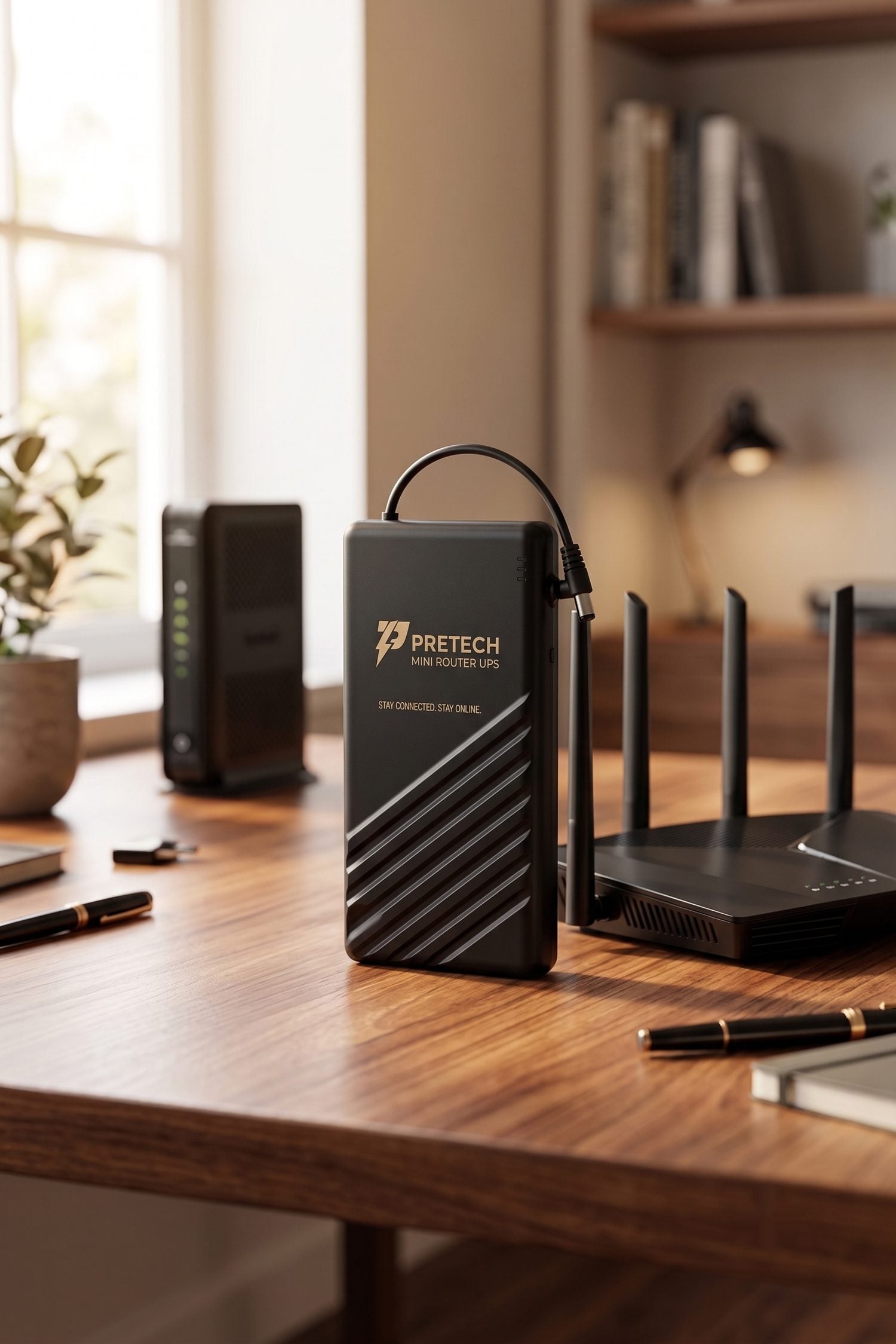 PRETECH beside a router on a desk